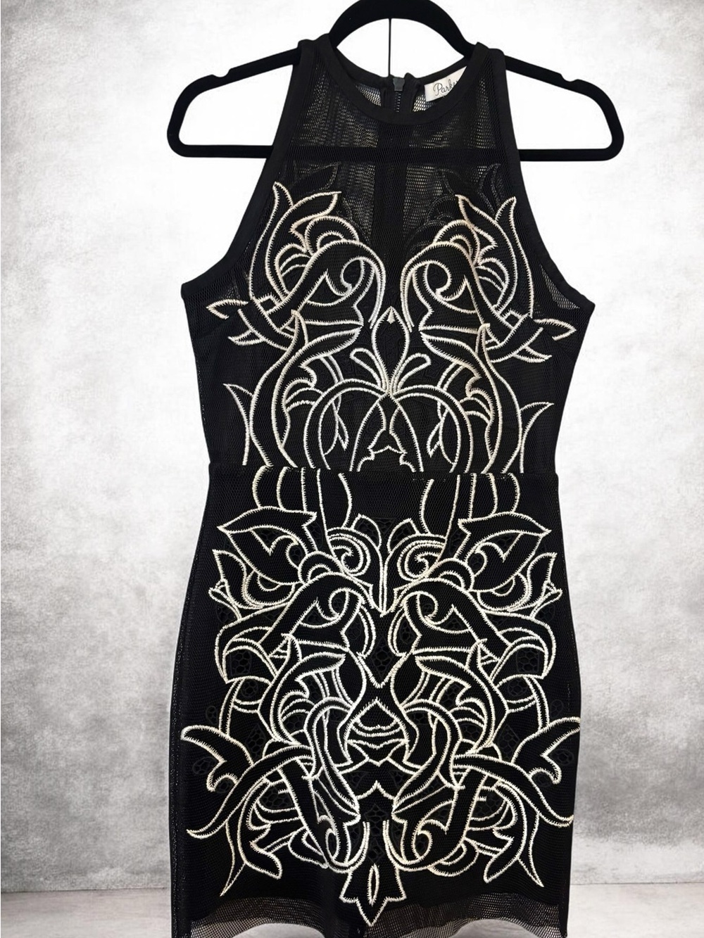 Black sleeveless dress by Parker - Mesh Halter Midi Dress with White Embroidery